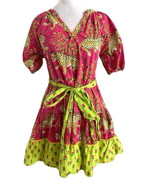 Print Fresh XS Colorful Pink/Yellow Leopard Floral Print Tie Waist V Neck Dress
